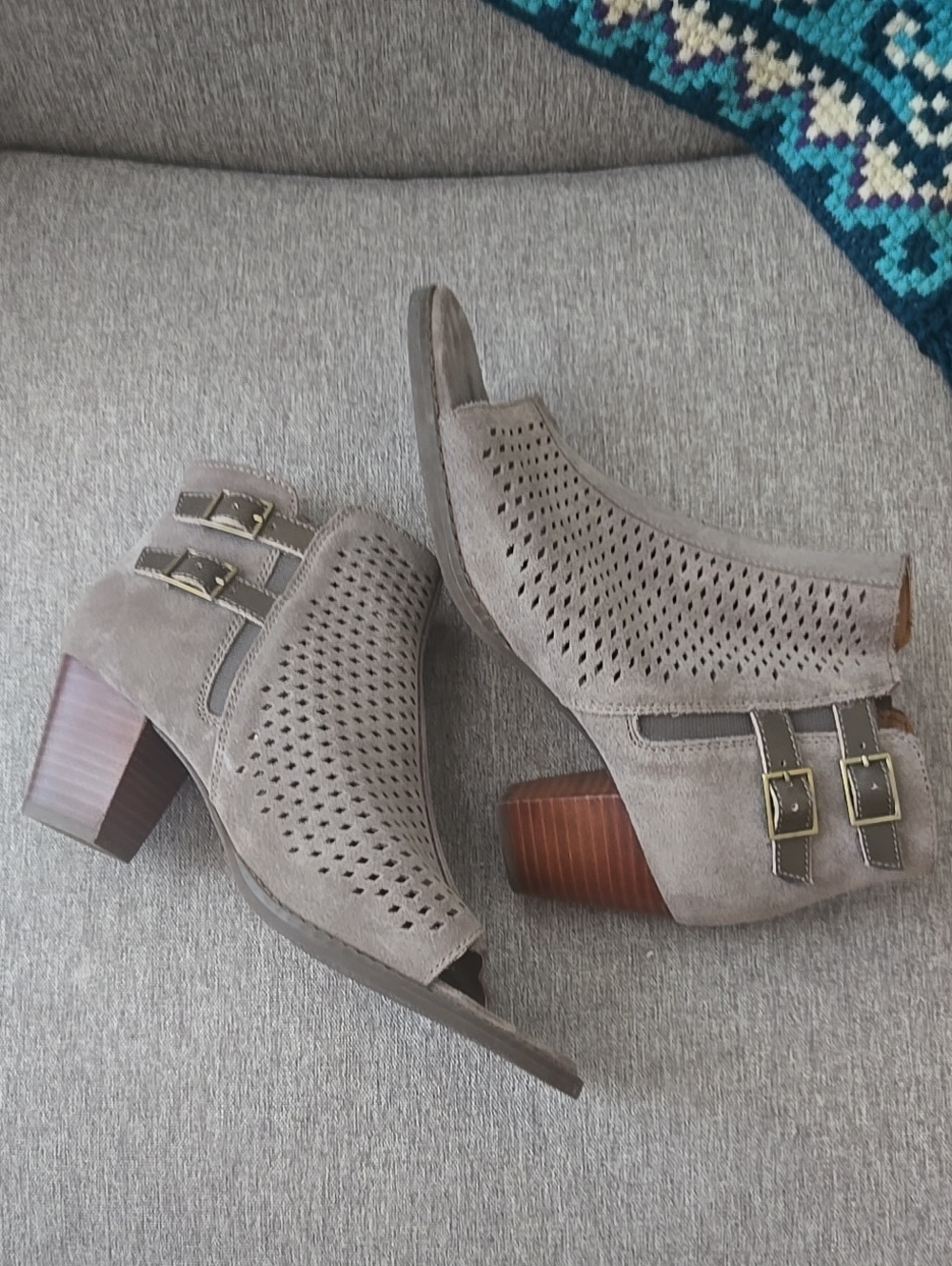 Vionic Taupe Perforated Suede Open-Toe Block Heel Boots
